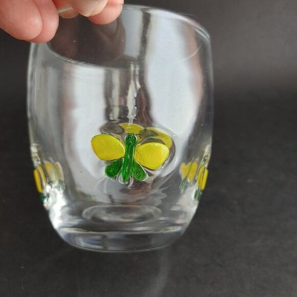 Pair Hand Blown Art Glass Tumbler Glasses Votives Fused Yellow Green Butterflies - Picture 5 of 6